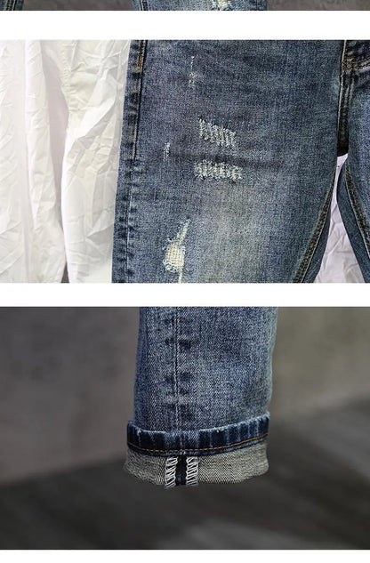 Jeans Ripped Trendy High Street Men's Long Pants Men's Brand Knees 2025 New Spring Autumn Slim Feet Streetwear Men Blue Jeans