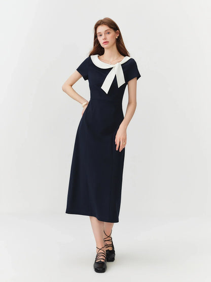 Women Sailor Collar Contrast Bow Belt Midi Dress Waist-Cinching V-Neck French Coquette Chic Elegant Style