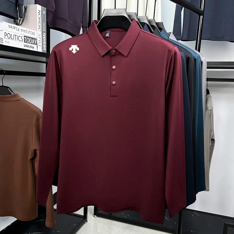 Luxury Quality Men's Polo Shirt No Trace Simple Solid Color Geometric Print Long Sleeve Autumn Lapel T-Shirt Business Menswear