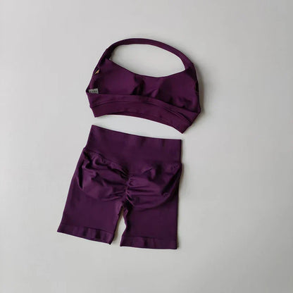 Sexy Halter Neck Beautiful Back High Waist Peach Sports Bras Shorts Suit Pilates Gathering Yoga Vest Training Fitness Bra Sets
