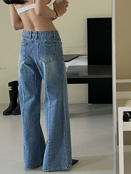 Retro High Waist Slim Fit Blue Jeans Women's Autumn Winter Straight Leg Long Pants Wide Leg Pants Classic Waed Denim