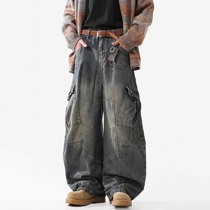 Retro Multi Pocket Curved Knife Jeans Autumn And Winter Vintage Wide Leg Workwear Pants Korean Version High Street Men'S Jeans