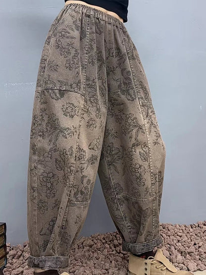 2025 Floral Spring Ladies Printed Classic Elegant Harem Pants Casual Fashion Jeans Vintage Loose Women Denim Trousers