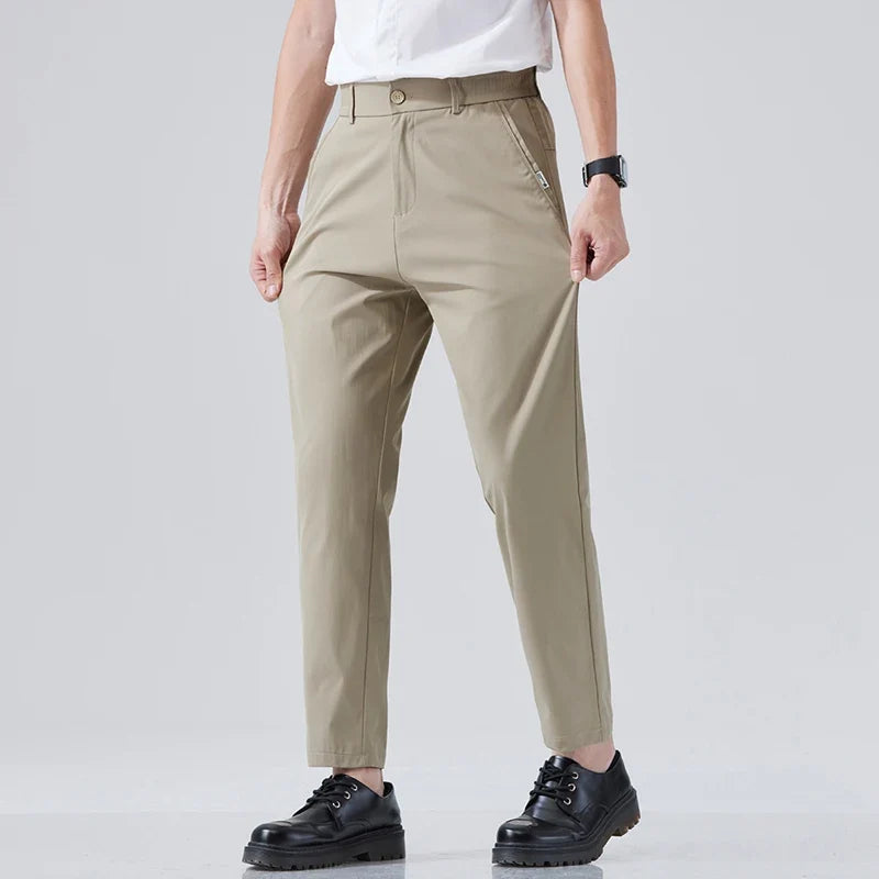 2026 Spring Summer Thin Ice Silk Suit Pants Men's Business Straight Slim High Elastic Ankle Length Casual Pants Male