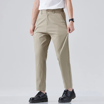 2026 Spring Summer Thin Ice Silk Suit Pants Men's Business Straight Slim High Elastic Ankle Length Casual Pants Male