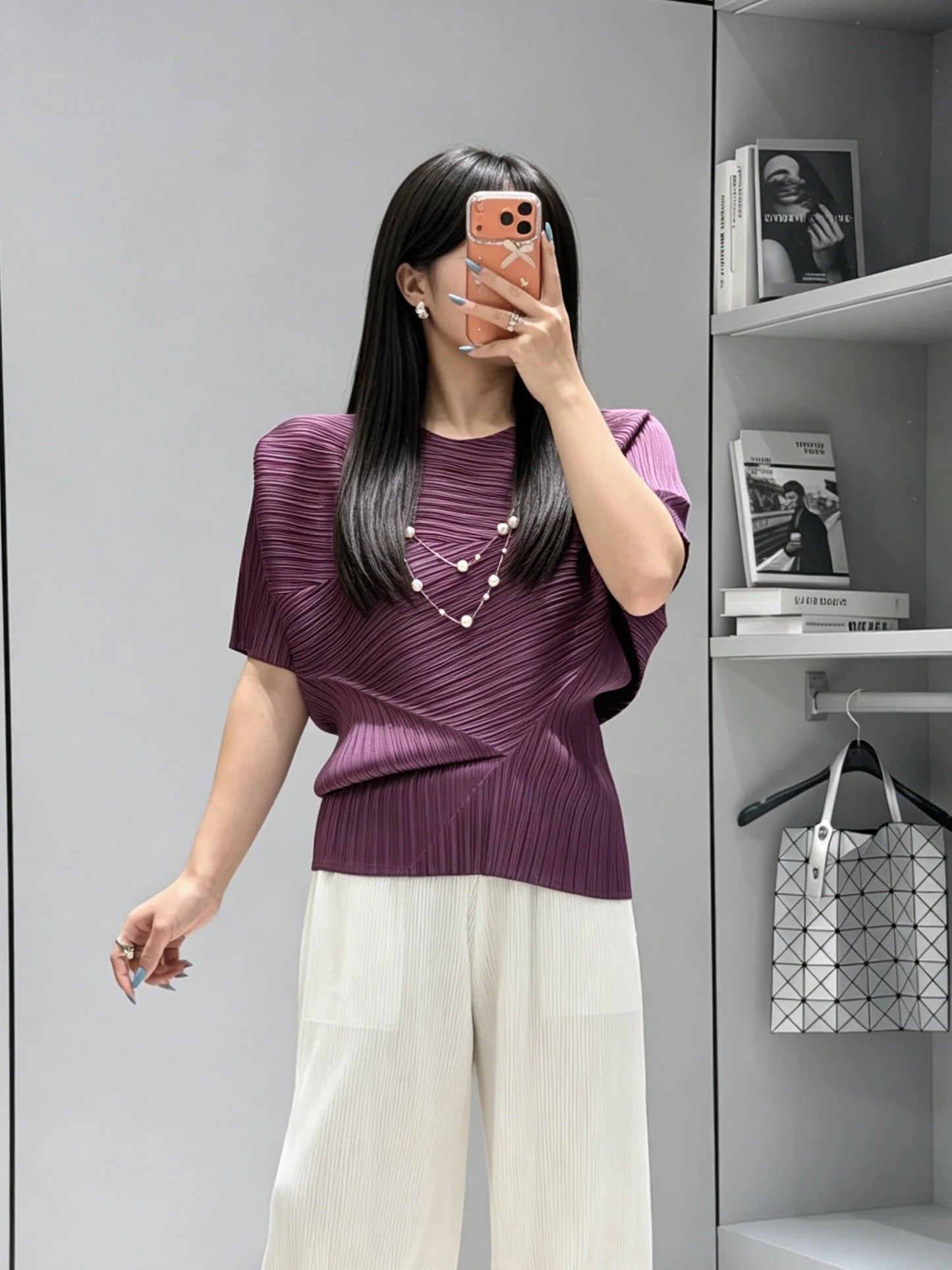 Vibrant Cyan Blue Miyake Pleated Asymmetric Short Sleeve Top, Irregular Hem Women's Casual All Match Modern Stylish Blouse