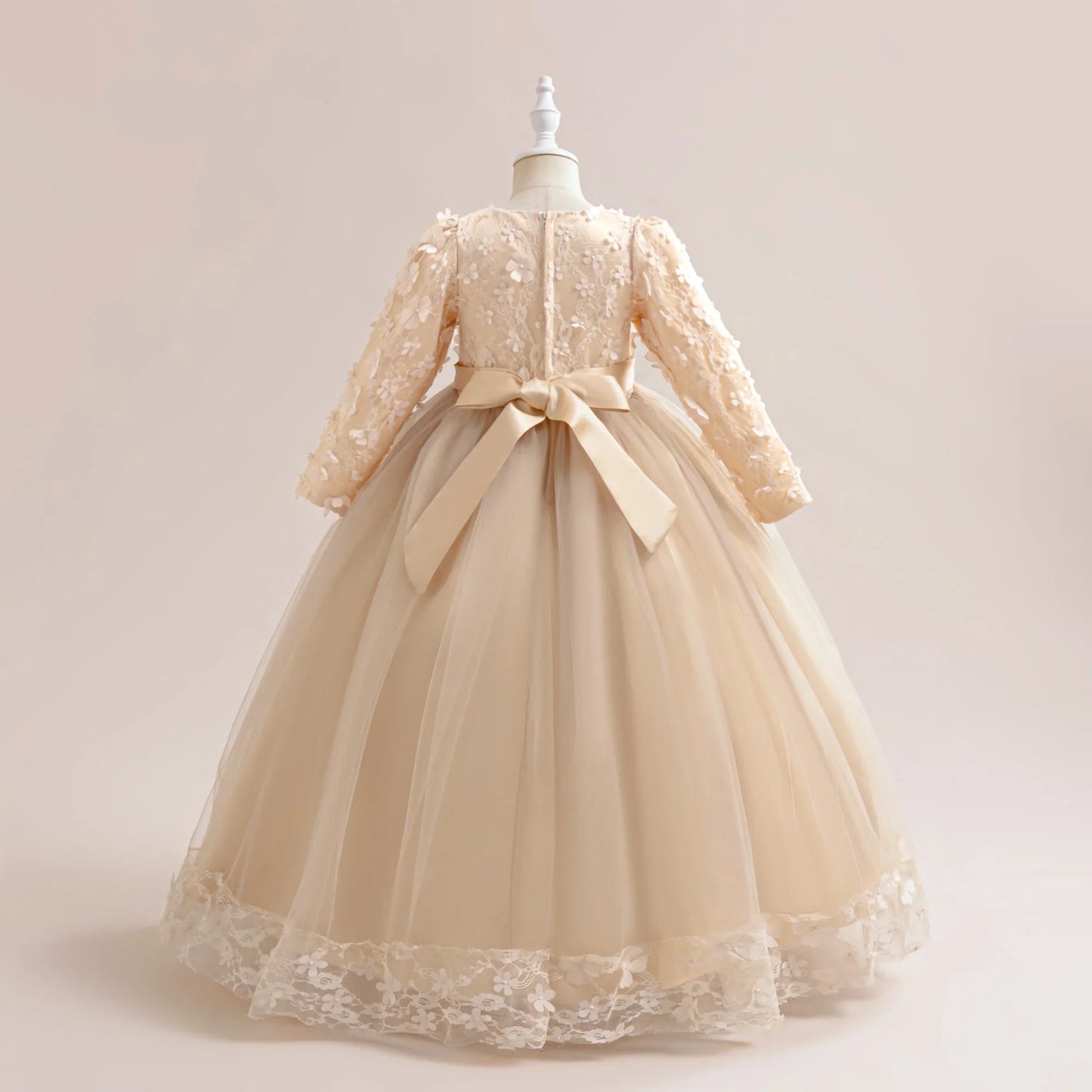 Long Sleeve Flower Bridesmaid Girls Dress Children Christmas Costume Lace Bow Princess Kids Dressees For Girl Party Wedding Gown