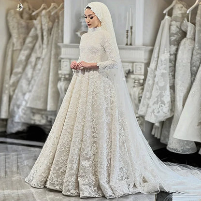 Exquisite Lace Wedding Dress Customized Musilum Bridal Gown High Neck Long Sleeves Sweep Train A Line Arabian Bridal Gown