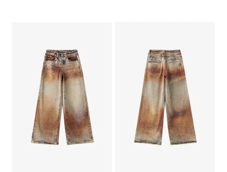 Women Jeans 2026 Spring New Wilderness Wasteland Style Mid Low Waist Loose Printed Wide Leg Pants