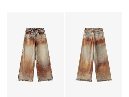 Women Jeans 2026 Spring New Wilderness Wasteland Style Mid Low Waist Loose Printed Wide Leg Pants