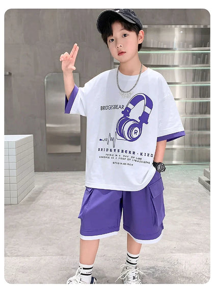 Fashion Stylish Kids Boys Top and Bottom Set Summer Tracksuit Streetwear Children New Trend Short Sleeve Clothes Suit Age 5-14 Y