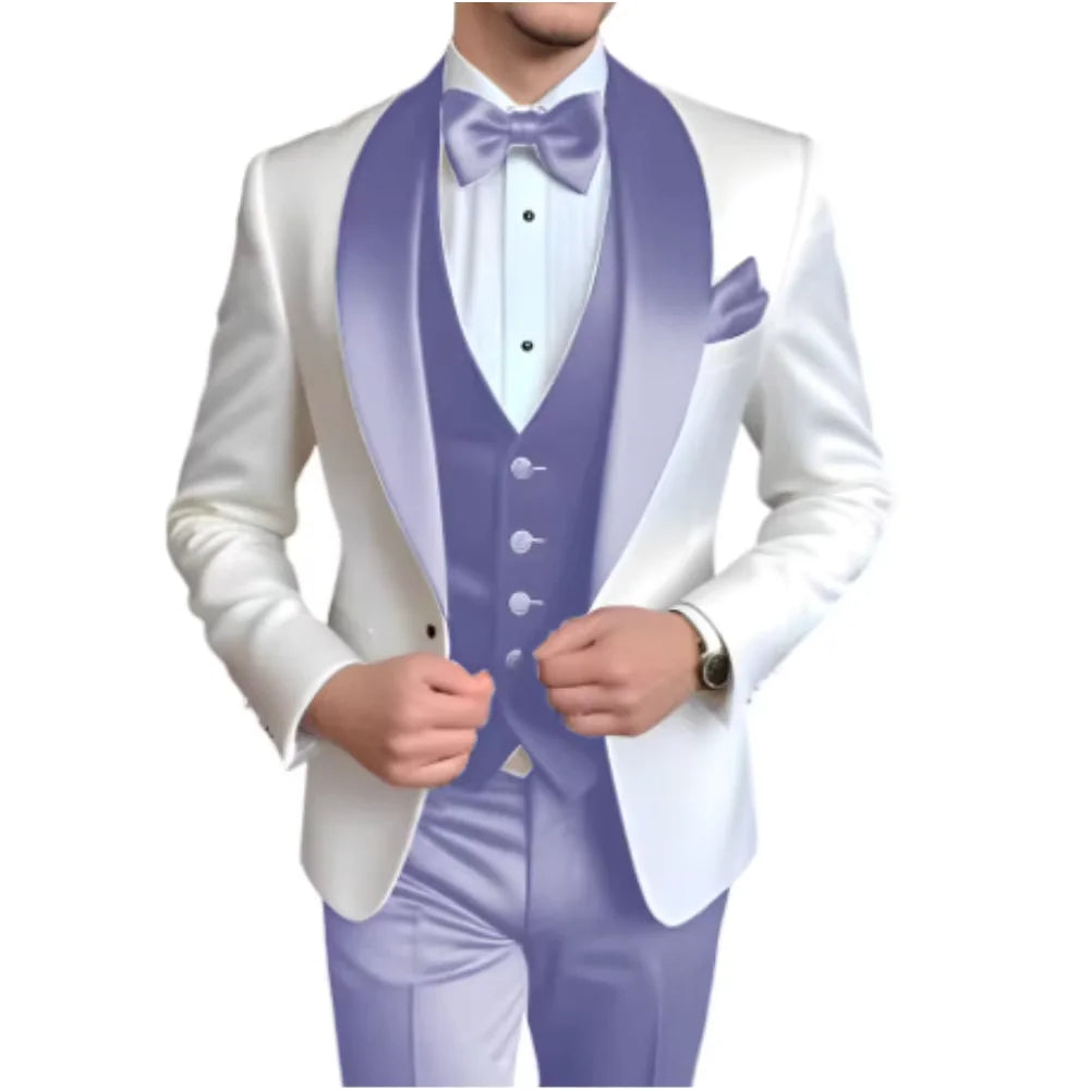 Solid Color Slim Fit Men's Tuxedo 3-Piece Set Fashion Business Wedding Suit with Shawl Lapel Blazer Vest Pants for Groom Party