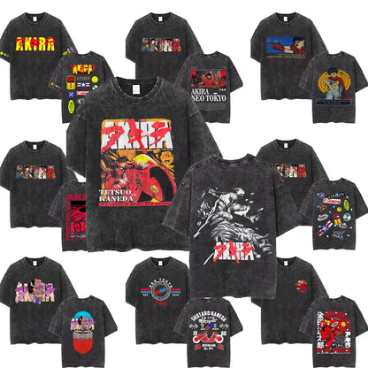 Washed Vintage Anime Akira T Shirts Japanese Science Fiction Cartoon Movie Shotaro Kaneda T-shirt Men's Manga Oversized T-shirts