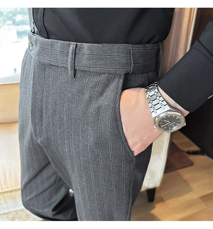 High Quality Striped Suit Pants 2025 Autumn New Fashion Slim Fit Business Elastic waisted Pants Male Wedding Party Trousers