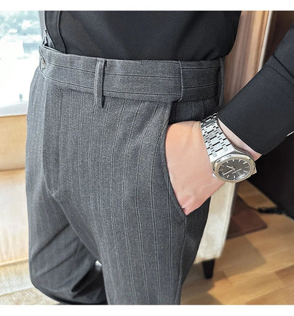 High Quality Striped Suit Pants 2025 Autumn New Fashion Slim Fit Business Elastic waisted Pants Male Wedding Party Trousers