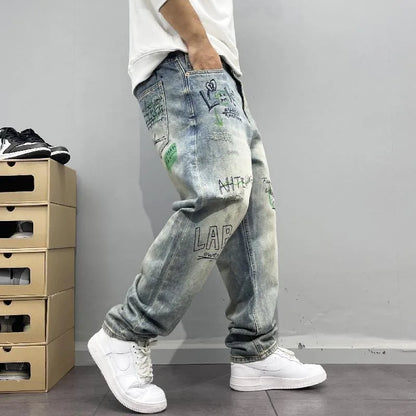 Spring and Autumn New Fashion Trend Printed Straight Leg Vintage Denim Pants Men's Casual Loose Sports High Quality Pants 28-36