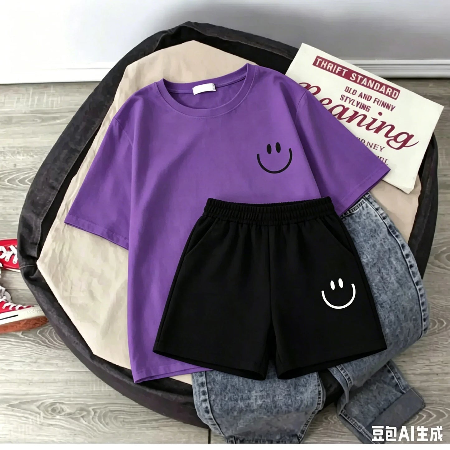 2026 New Summer Smiling Face Print Kids T-shirt Set Short-sleeved Pure Cotton Loose Basic Versatile Cool Simple Kids Outfit Tops