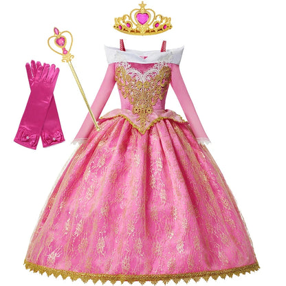 Girls Princess Dress Sleeping Beauty Aurora Cosplay Costume 2025 Kids Carnival Birthday Party Pink  Long Sleeve  Evening Dresses