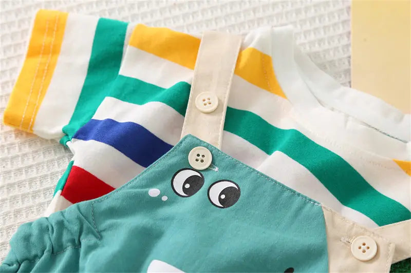 Summer Kids Boys Clothing Toddler Fashion Rainbow Clothes T Shirt Cartoon Dinosaur Bib Pants 2Pcs/Set Children Costume Suit