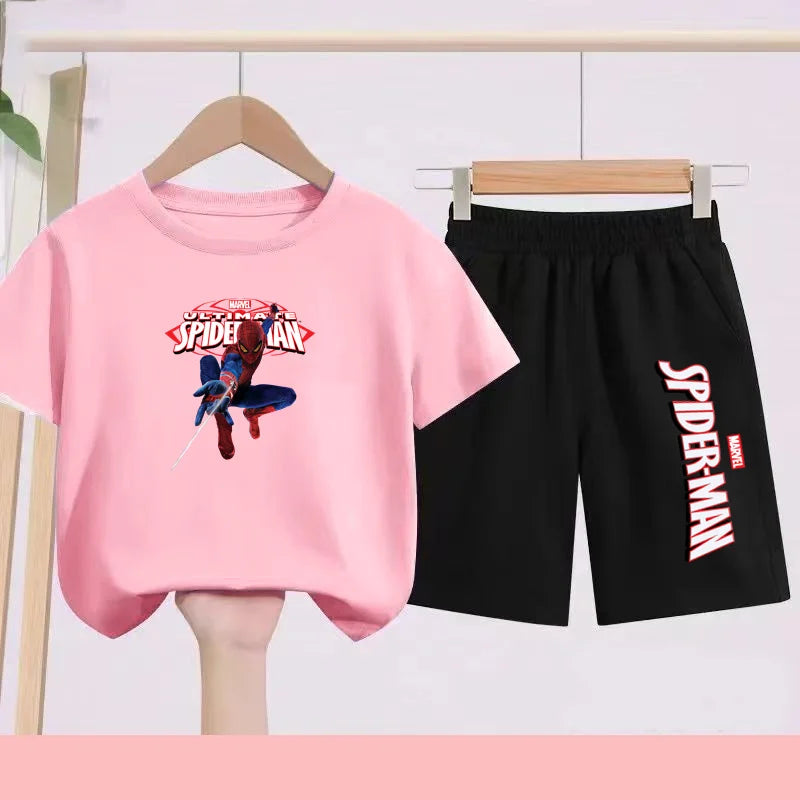 2026 Children's Sports Outfit with Spider Pattern Cartoon Print - T-shirt + Shorts Set, Suitable for Children Aged 3 To 13.