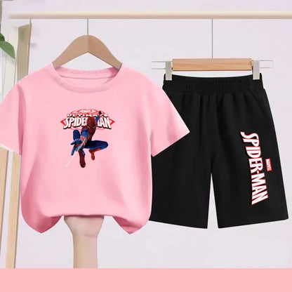 2026 Children's Sports Outfit with Spider Pattern Cartoon Print - T-shirt + Shorts Set, Suitable for Children Aged 3 To 13.