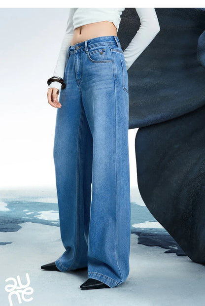 Women Denim Jeans 2025 Spring New Acetate Wide Leg Mid Low Waist Slim Fit Straight Wide Leg Pants