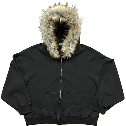 2025 Autumn/Winter New Y2k Sweatshirts Harajuku Artificial Fur Collar Hoodie Clothing Pattern Hip Hop Punk Gothic Zipper Hoodie