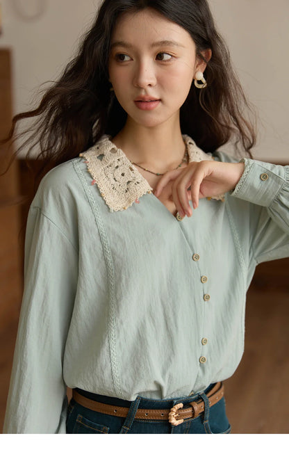 Women's Linen Shirt 2025 Autumn Contrast Apricot Lapel Shirts Long Sleeve Curved Placket Tops Office Lady MXE43C2387