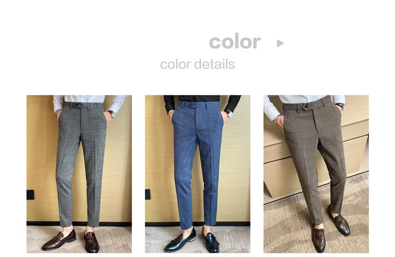 Boutique Classic Plaid and Striped Fashion Men's Casual Business Slim Suit Pants Groom Wedding Dress Trousers Party
