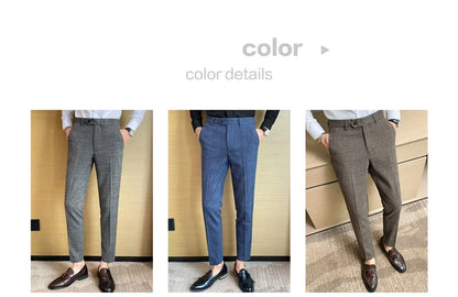Boutique Classic Plaid and Striped Fashion Men's Casual Business Slim Suit Pants Groom Wedding Dress Trousers Party