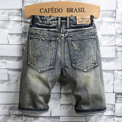 Ripped Short Jeans Men Vintage Denim Shorts Straight Hole Patch Plaid Hip Hop Fashion Knee Length Pants Streetwear