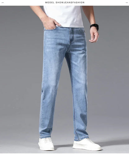 2024 Men's New Autumn Straight Casual Jeans Light Blue Classic Breathable Comfortable No Ironing Stretch Denim Trousers Male