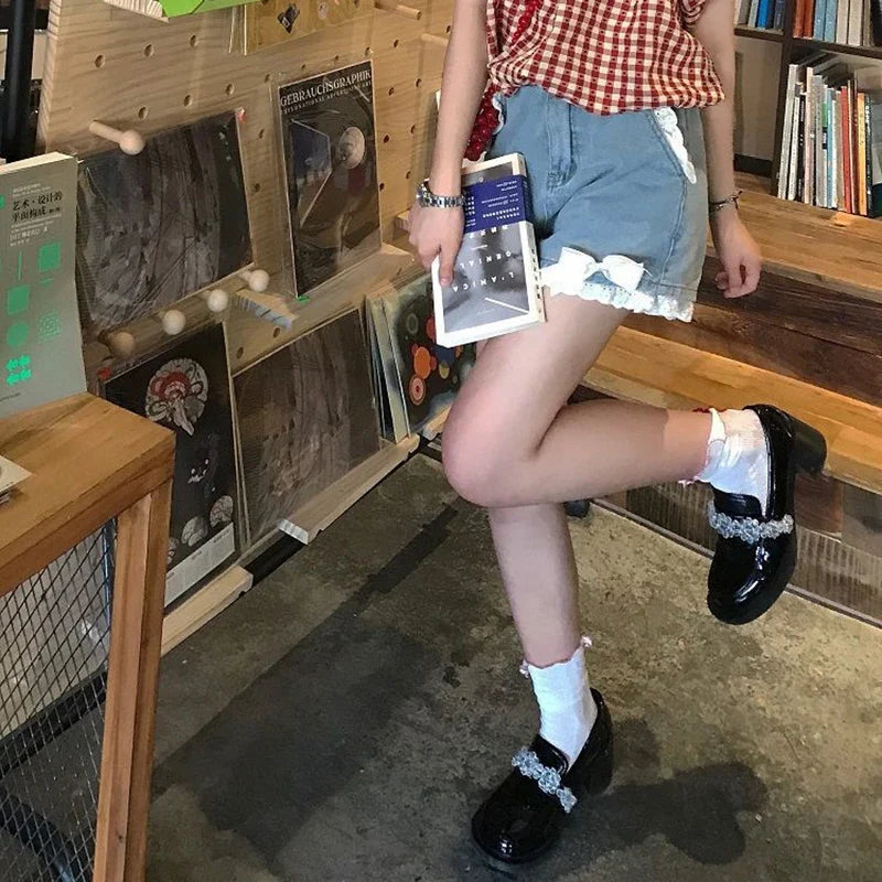 Kawaii Bow Denim Shorts Women Japanese Lace Patchwork Baggy Jean Shorts Summer Y2K Harajuku High Waist Wide Leg Short Pants New