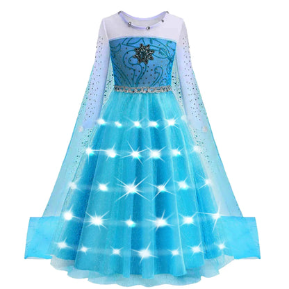 Elsa Princess Dresses +LED Light Girls Mesh Sequin Dress Kids Cosplay Frozen Snow Queen Costumes Halloween Party Gowns