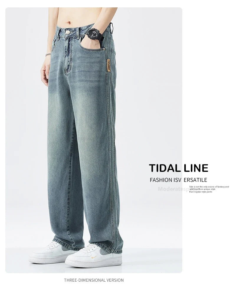Stretch Jeans Men's 2024 New Lyocell Fabric High Quality Soft Loose Wide Pants Elastic Waist Casual Denim Trousers Streetwear