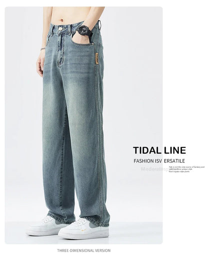 Stretch Jeans Men's 2024 New Lyocell Fabric High Quality Soft Loose Wide Pants Elastic Waist Casual Denim Trousers Streetwear