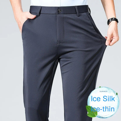 Men's Summer Dresses Long Pants Slim Fit Business Pants Lightweight Ice Silk Office Pants, Wrinkle Resistant and Elastic