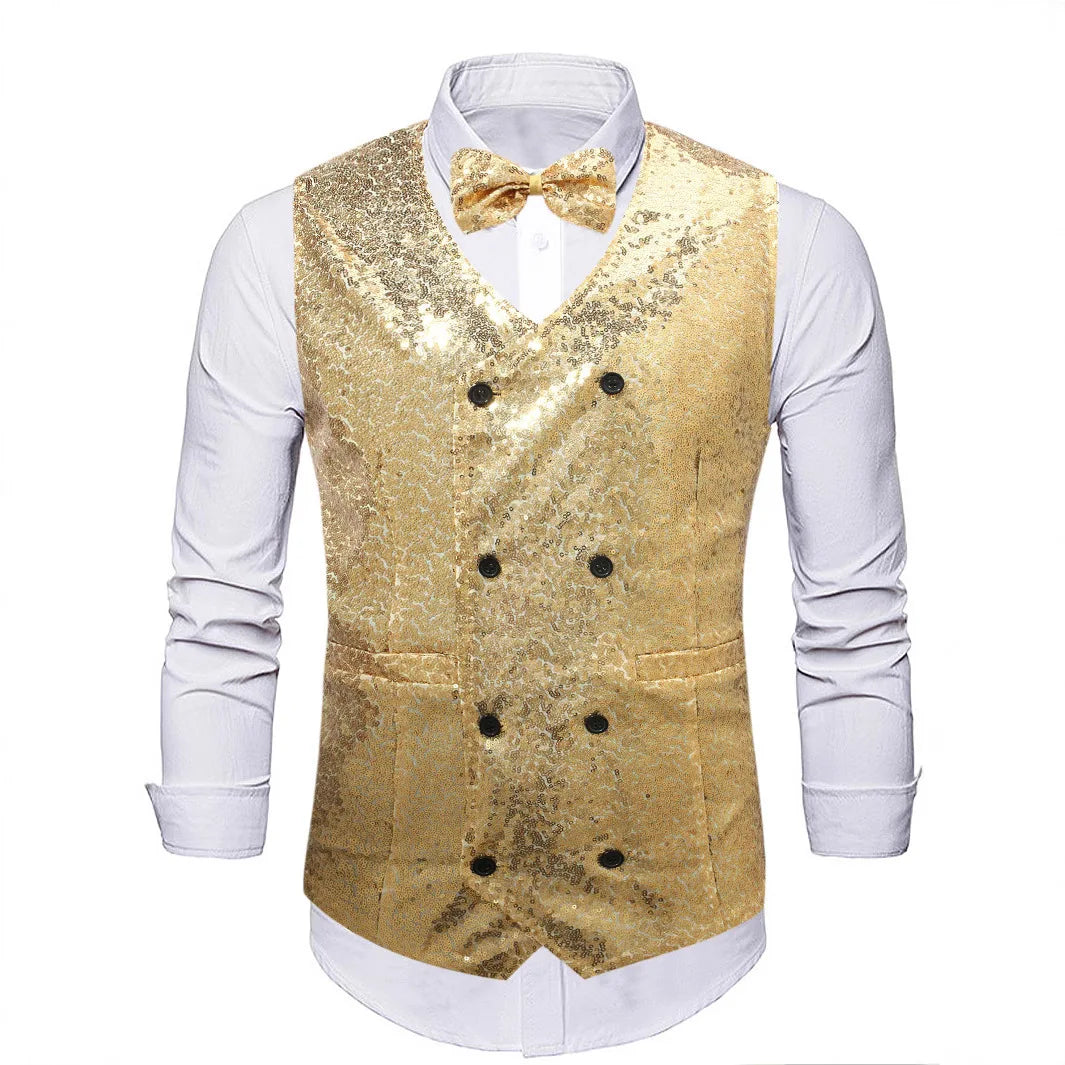 2026 New Black Men's Shiny Sequin Suit Collar Sleeveless Vest, Wedding/Party/Stage Performance, Gold or Silver Optional