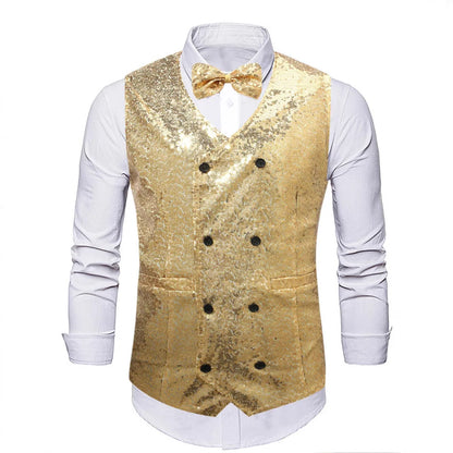 2026 New Black Men's Shiny Sequin Suit Collar Sleeveless Vest, Wedding/Party/Stage Performance, Gold or Silver Optional