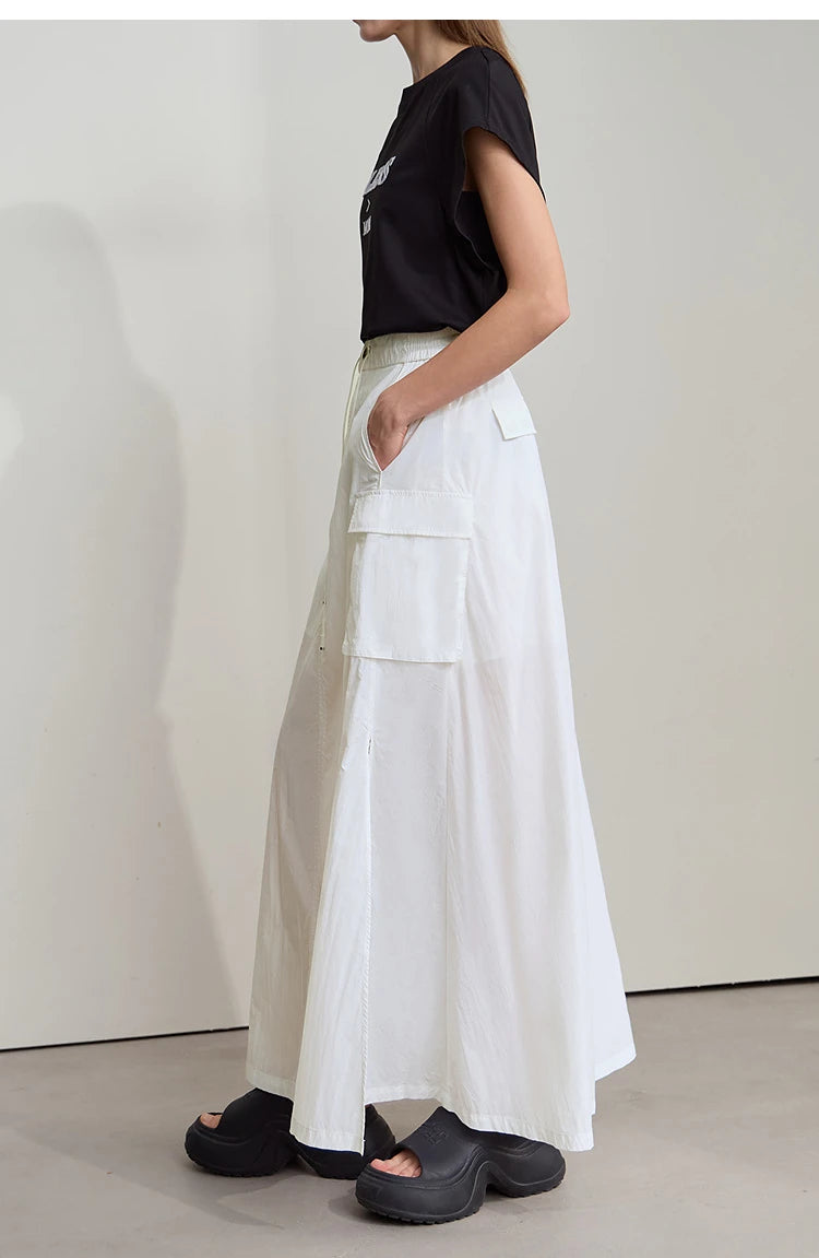Vacation Long Skirt 2025 Summer Women Loose Sun Protection Office Lady Solid Pockets Elastic Waist Cord Slit Skirt 12542106