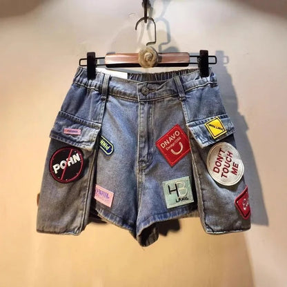 2026 Summer New Embroidery Letter High Waist Cargo Pocket Denim Shorts Women