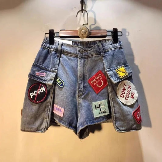 2026 Summer New Embroidery Letter High Waist Cargo Pocket Denim Shorts Women