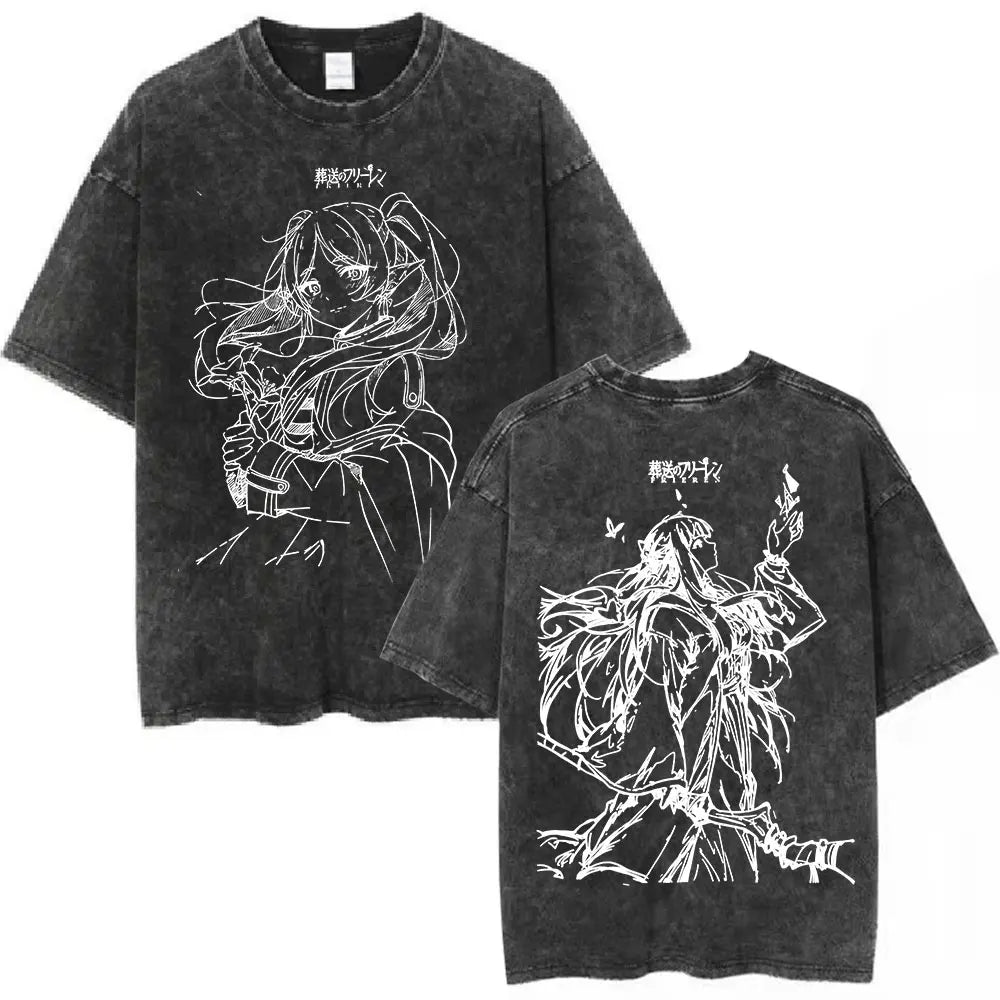 Anime Frieren: Beyond Journey's End Graphic Washed Vintage T-shirt Men's Women Fashion Short Sleeve Cotton Casual Loose T Shirts
