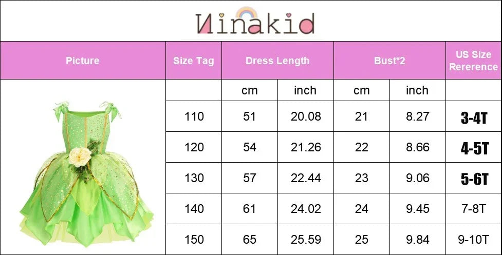 Child Girl Bell Costume Halloween Costume for Kids Green Dress Fancy Fairy Princess Cosplay Carnival Party Ball Gowns with Wing