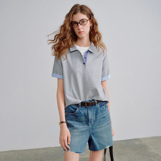 Women Piqué Polo Tees 2026 Summer New Upgraded Color-Block Plaid Fold-Back Sleeve Vintage Casual Tops