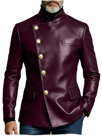 Vintage Men's PU Leather Blazer Slim Fit Double Breasted Stand Collar Jacket Gold Button Business Casual Wedding Prom Suit Coat