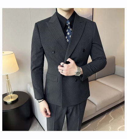 M-7XL Blazer Vest Pants High -end Brand Gray Black Men's Casual Business Double -breasted Suit Groom's Wedding Slim Men's Suit