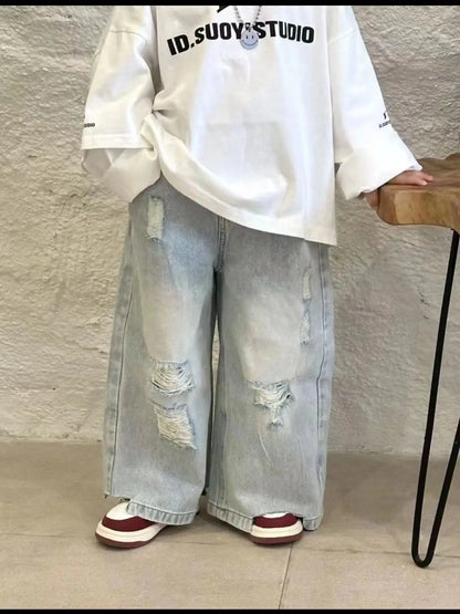 2-9 Yrs Baby Boys Spring and Autumn Korean New Children's White Loose Two Sleeve T-shirt+Hole Jeans Set Boy Outfits Kids Clothes