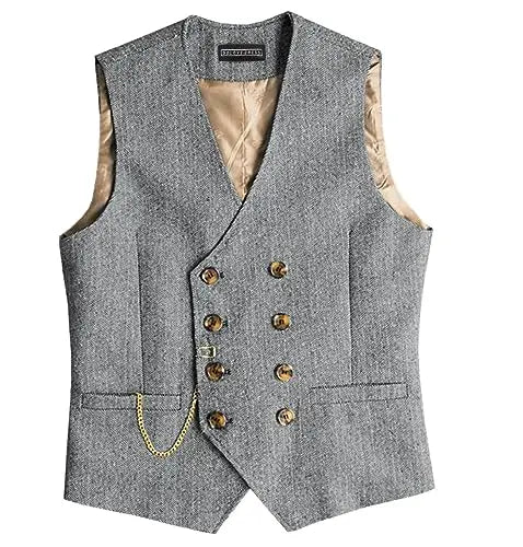 Men Suit Gray Vintage Double Breasted Blend Waistcoat For Wedding Groomsmen Banquet Men Coat