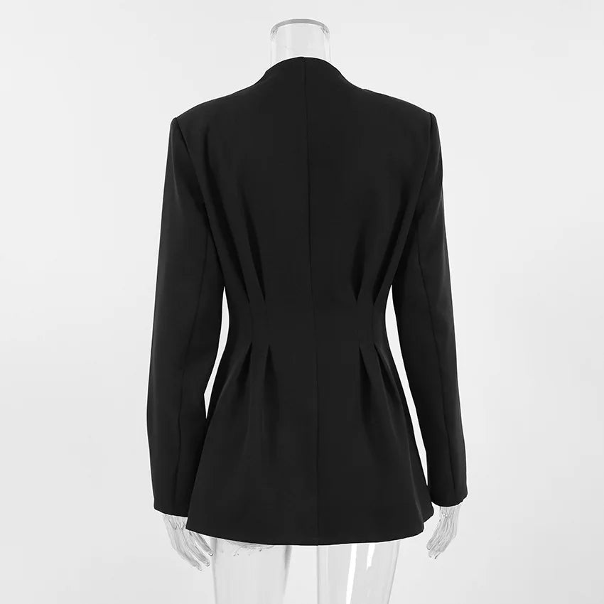 Elegant V-neck Tunics Black Suit 2026 Spring Women's Long Sleeve Single Breasted Slim Blazers Ruched Outerwear Streetwear